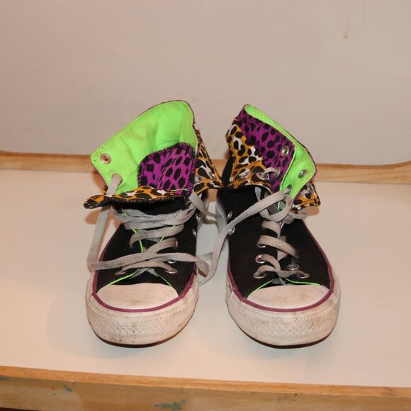 Converse Double Flap Leopard Black Purple Lime Green Women 8 Chuck Taylor Shoe - Picture 7 of 8
